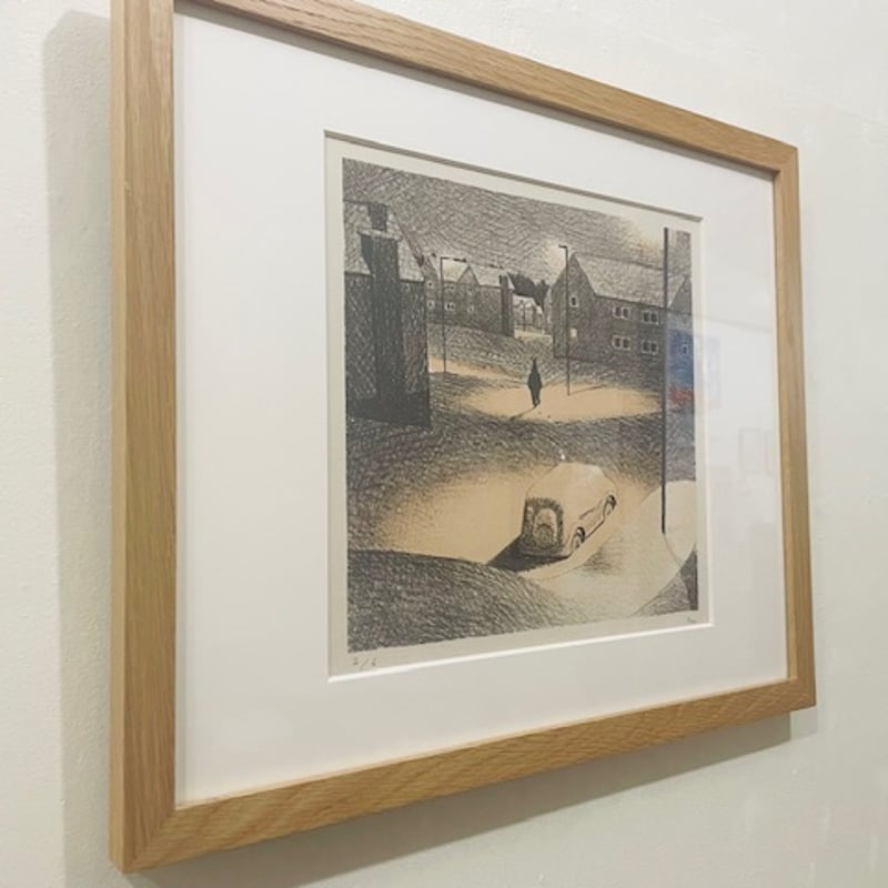 みやこしあきこ｜リトグラフ版画「雪の街」（フレーム込