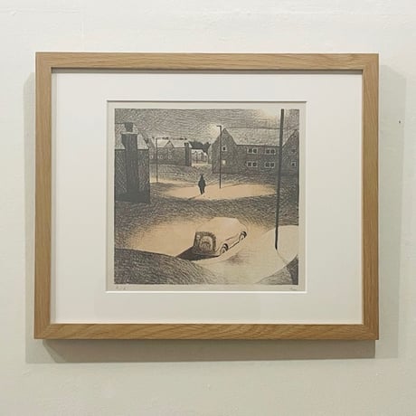 みやこしあきこ｜リトグラフ版画「雪の街」（フレーム込）