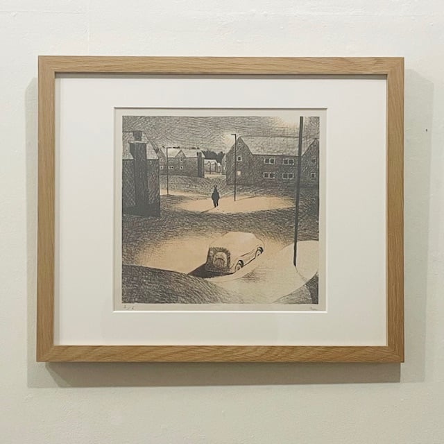 みやこしあきこ｜リトグラフ版画「雪の街」（フレーム込