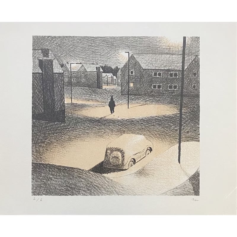 【真作】版画　リトグラフ　冬の街並み　優しい色彩の静寂風景　アート額装　X133 真作】版画 リトグラフ 冬の街並み 優しい色彩の静寂風景 アート