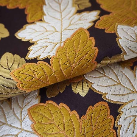 【ふくろ帯】河合美術織物製　手織り金箔　抽象葉文様　ふくろ帯