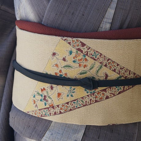 【なごや帯】縮緬地　三角更紗文　なごや帯