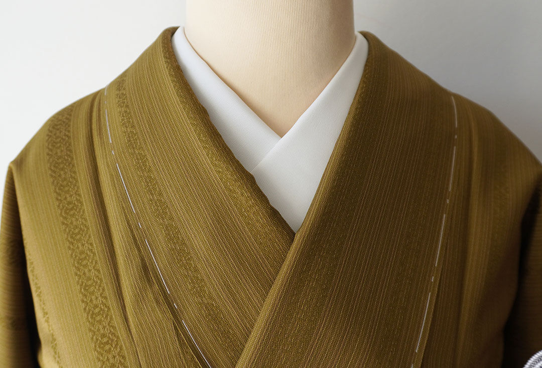 TN８＊美品！抹茶色＊桜＆かんざし＊居敷当て付き＊無双＊長襦袢＊１２６ｃｍ 色無地 レンタル 袷 10月～5月向け ベージュ色 着物 一つ紋 お