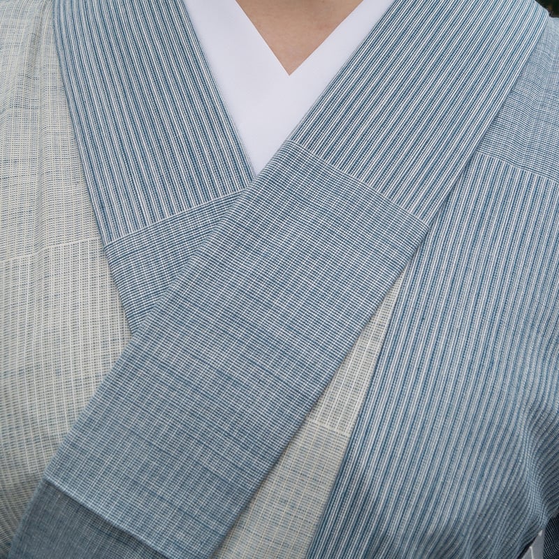 単衣】紺仁工房 草木染綿紬 片貝木綿 ブルー系変わり縞 仕立