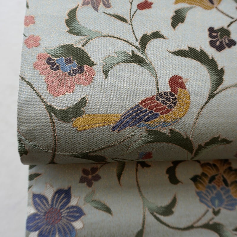 名古屋帯 鳥柄に花模様 金糸 牙黄色 KO-953 名古屋帯 鳥柄に花模様 金糸 牙黄色 KO-953