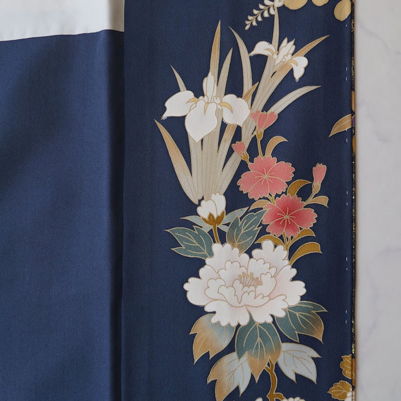 袷】濃藍色 四季花文 訪問着 | 大山キモノ・ちぇらうなぼるた 