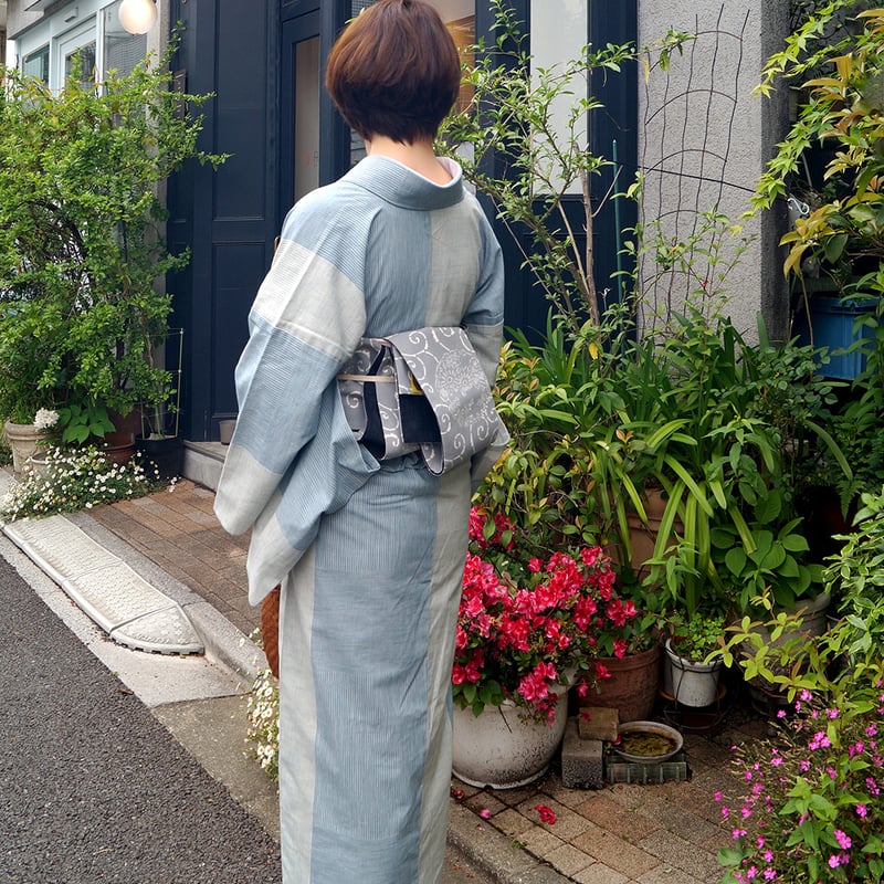 紺仁　草木染め　木綿着物 単衣】紺仁工房 草木染綿紬 片貝木綿 ブルー系変わり縞 仕立