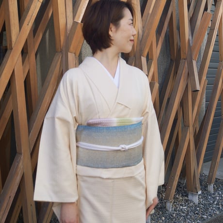 【袷】クリームイエロー系　変わり格子地紋　お召し