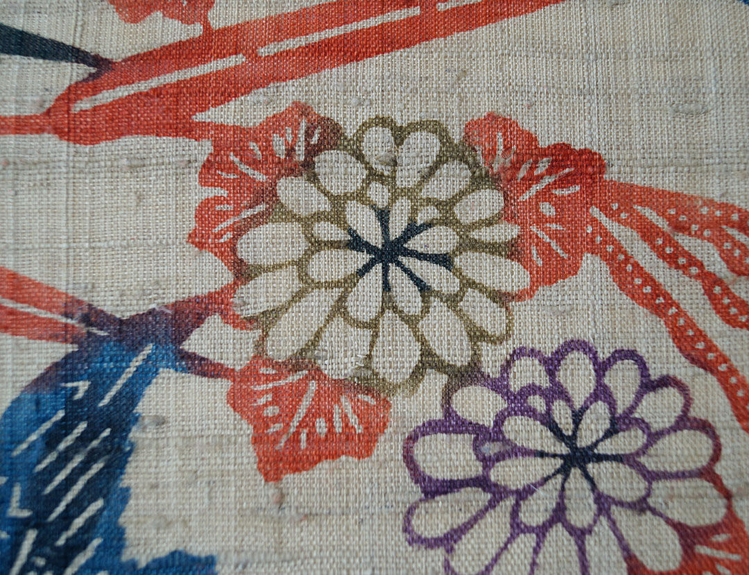 なごや帯】白橡地 菊に笹×鳥 柄 型染紬地なごや帯 | 大山キモノ・ちぇ  