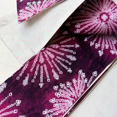 【半幅帯】中紅×葡萄色　花文　手絞り半幅帯　No.240821⑩