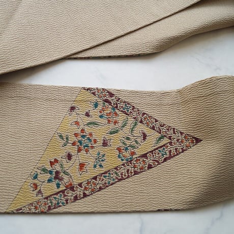 【なごや帯】縮緬地　三角更紗文　なごや帯