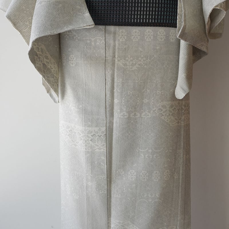 j-単衣＊正絹　オフホワイト　地紋あり　ワイドサイズ　ロング身丈　美品 jacquard long onepiece | KISS THE CLUB