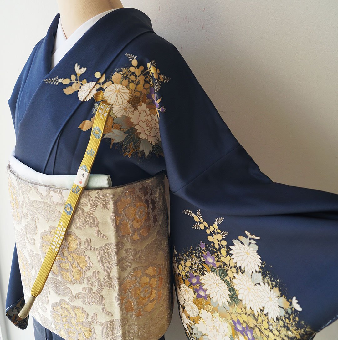 袷】濃藍色 四季花文 訪問着 | 大山キモノ・ちぇらうなぼるた 