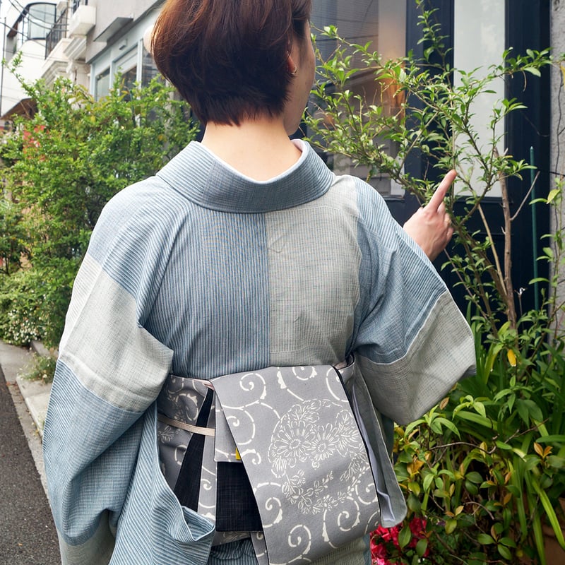 単衣】紺仁工房 草木染綿紬 片貝木綿 ブルー系変わり縞 仕立 単衣】紺仁工房 草木染綿紬 片貝木綿 ブルー系変わり縞 仕立