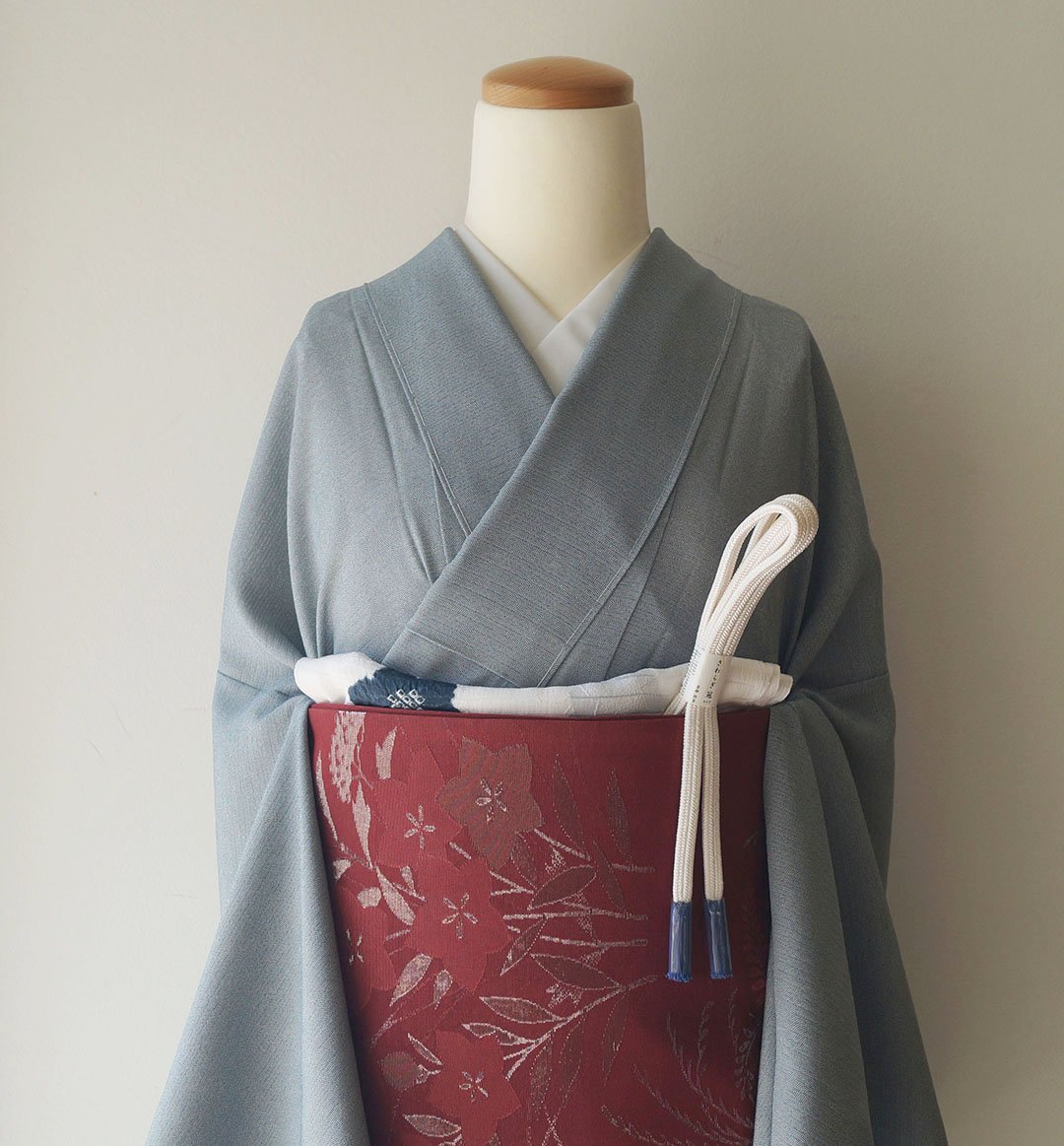 透け感　涼しげ　夏帯　絽ポリ　未使用品　灰青色　桔梗　ススキ図 透け感 涼しげ 夏帯 絽ポリ 未使用品 灰青色 桔梗 ススキ図 楽天