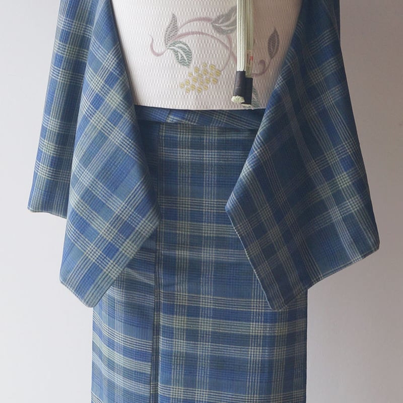 袷】ブルー系 草木染め 格子 紬 | 大山キモノ・ちぇらうなぼるた