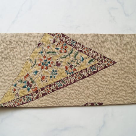 【なごや帯】縮緬地　三角更紗文　なごや帯