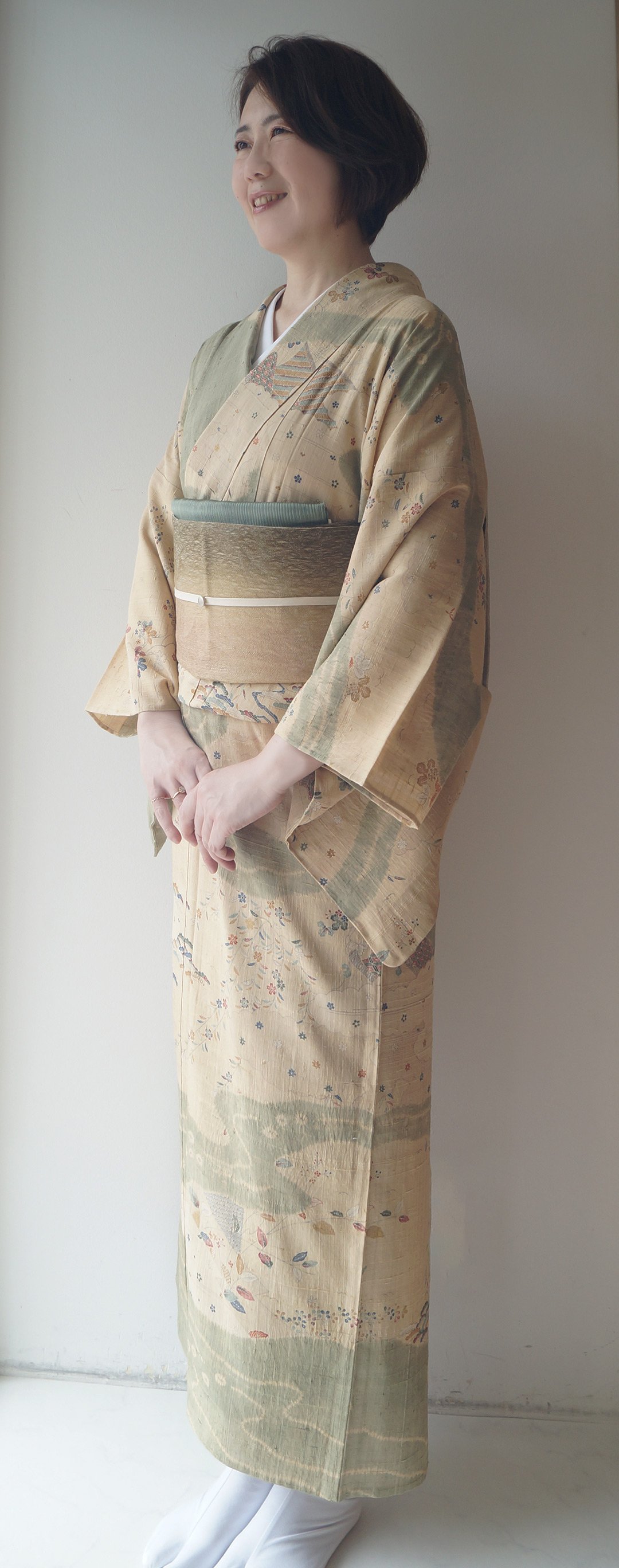 ☆24 えっと 紬 単衣 ピンク 鳥 木々 花唐草