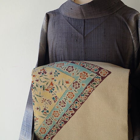 【なごや帯】縮緬地　三角更紗文　なごや帯