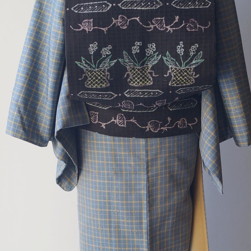 袷】藍鼠色×黄支子色 格子に花織 紬 | 大山キモノ・ちぇらうなぼるた 