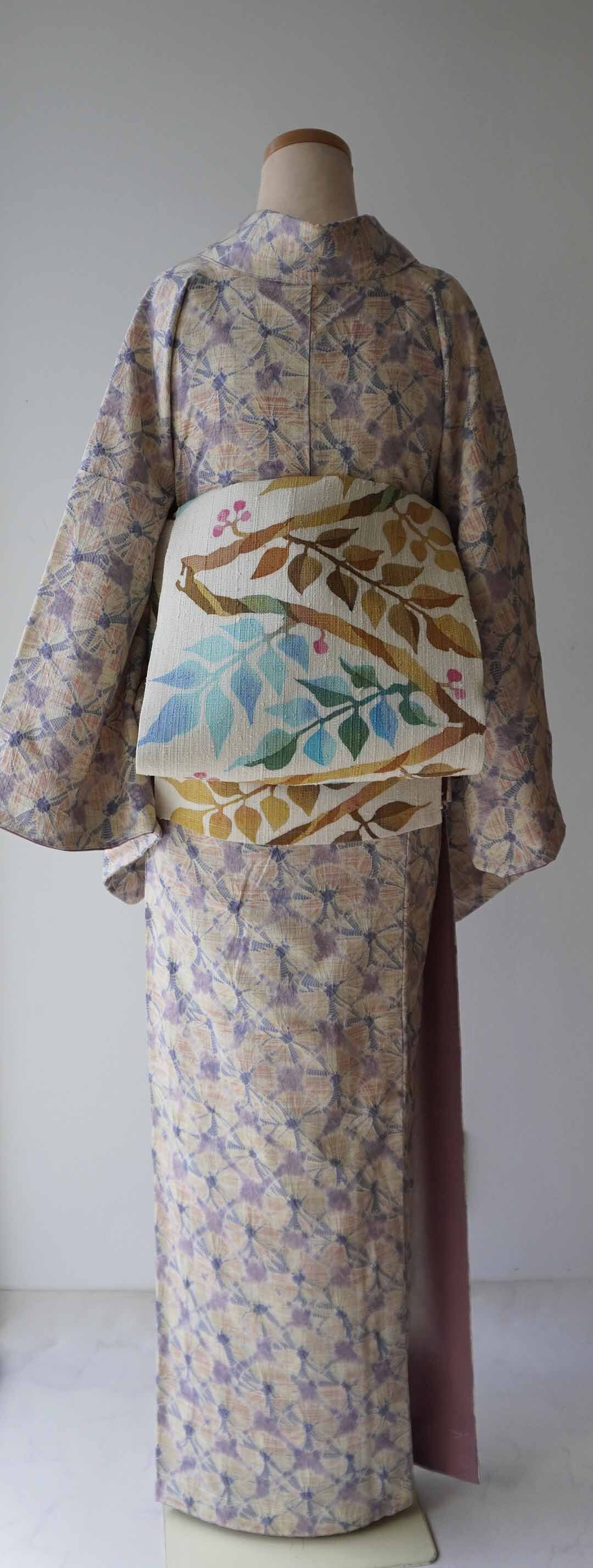 着物セット 貝絞りの紬・未使用品洒落袋帯 2点 セット 貝絞り うさぎ 