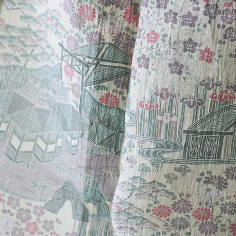 小千谷縮 絵絣 江戸染 茶屋辻文様 本麻 小千谷縮 薄灰藤色 美品 夏・麻】蝋色地 絵絣 小千谷縮 | 大山キモノ・ちぇらうなぼるた