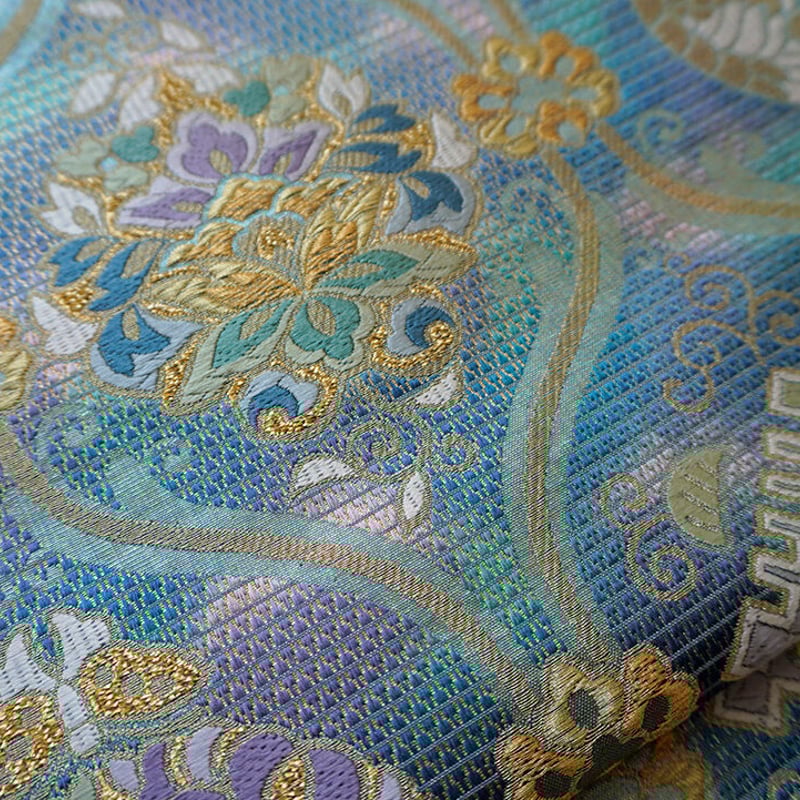 【袋帯】白色に裂取り植物更紗模様の帯 A5 切嵌 唐草唐花模様 金糸 白色 桐 兎 六通 太鼓 正絹