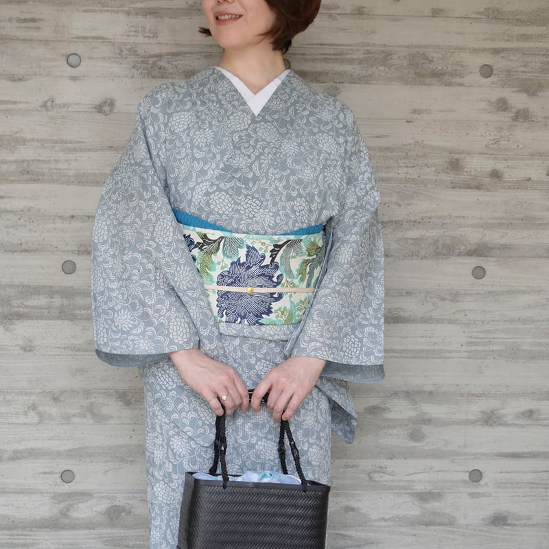特撰綿麻織物 女物浴衣 花織柄 小千谷絣織 反物 白地 シンプル