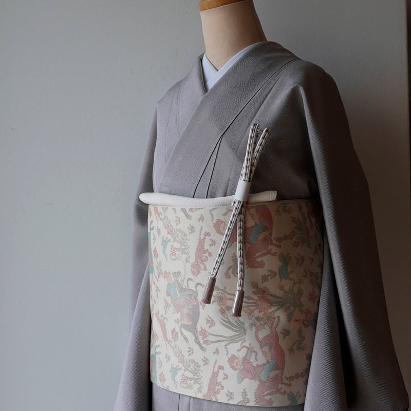 単衣】本塩沢 やまだ織 証紙付き 横縞 小紋 正絹 クリーム色 1350 単衣】