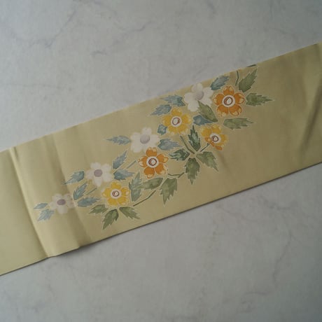【なごや帯】 若芽色　抽象花に蝶々文　塩瀬なごや帯