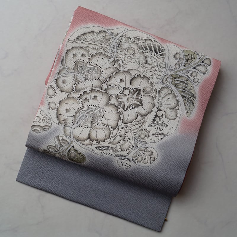 なごや帯】桃色×灰色暈かし 辻が花文様 なごや帯 | 大山キモノ