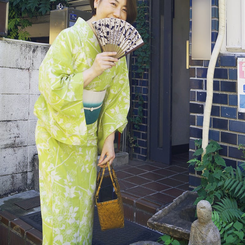 ⑧ 三勝 浴衣　レディース　竹　涼しげ シンプル 大人 三勝・浴衣】 若苗色 花竹垣柄 浴衣 | 大山キモノ・ちぇらうなぼるた