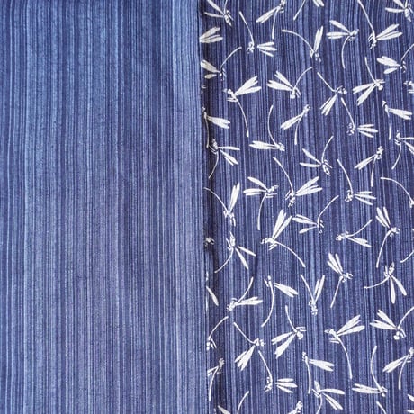 【浴衣】留紺×薄藍　とんぼ文と縞文　片身替わり　仕立て上がり浴衣
