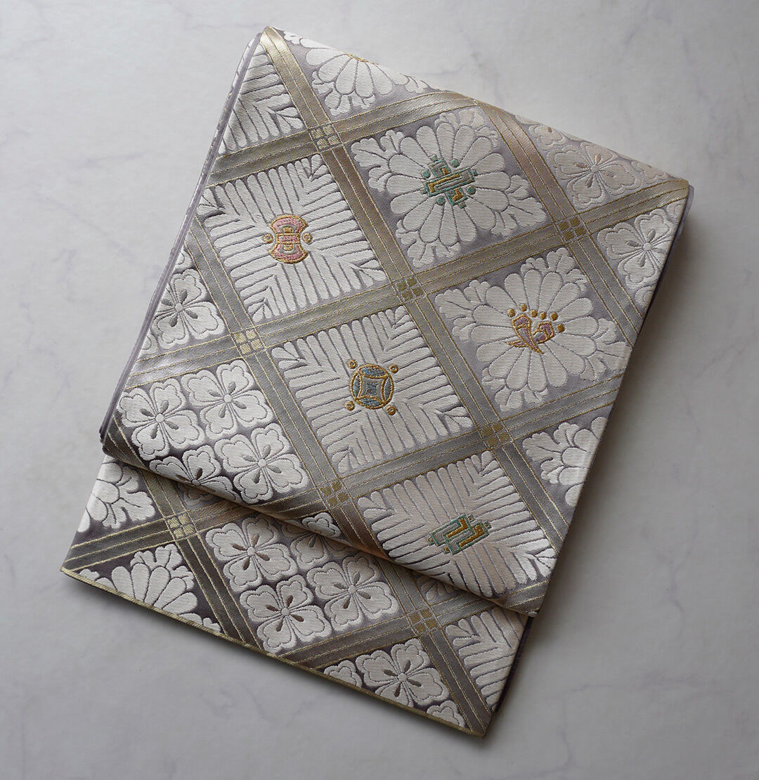 刺繍　花菱　菊花　格子模様　袋帯　着物　113a p 刺繍花菱菊花格子模様袋帯着物113a p