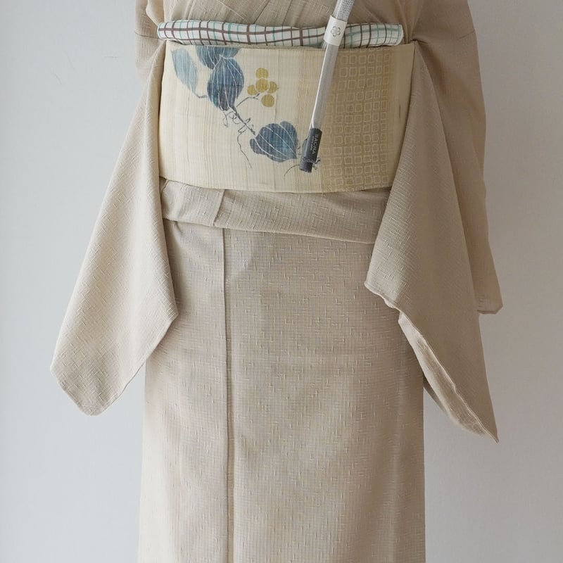 美品 生紬単衣 ベージュ色 ゆったりサイズ トールサイズ 身丈165cm