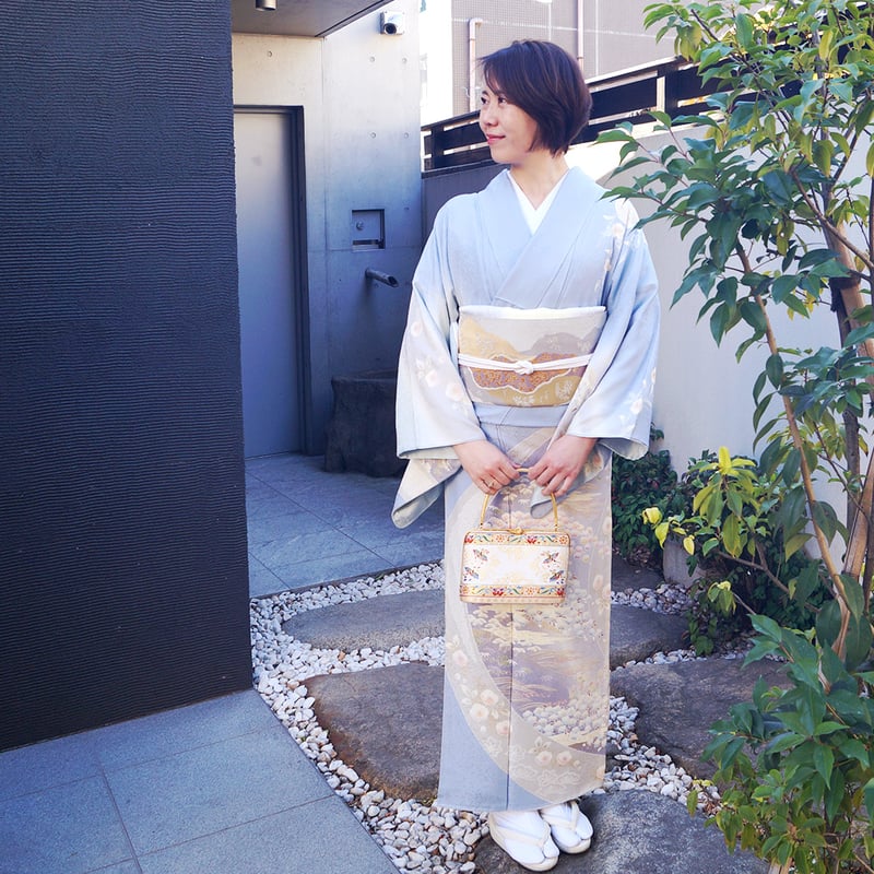 訪問着 袷 正絹 暈し 樹木 松 杉 桜 柳 Lサイズ ki27427（袷】淡藤色 