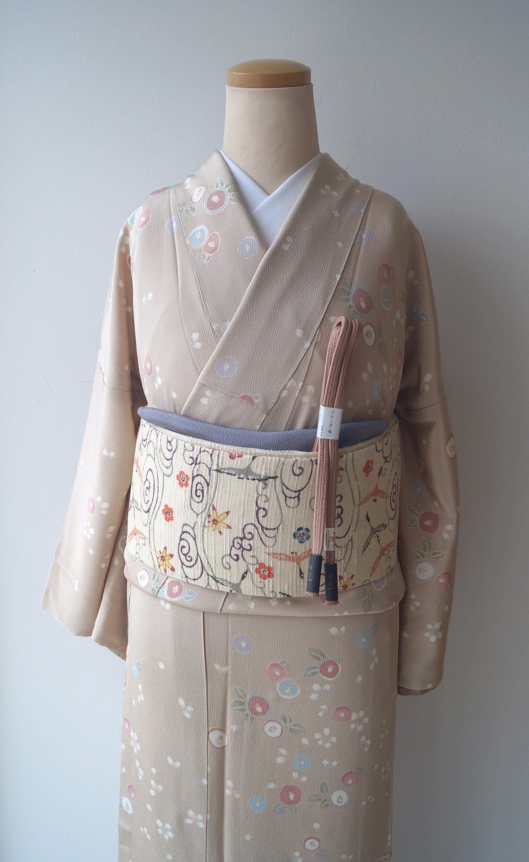 小紋 正絹 ちりめん グリーン系 縞 トールサイズ 身幅ゆったりめ 裄長め 美品 小紋 正絹 ちりめん グリーン系 縞 トールサイズ 身幅ゆったりめ