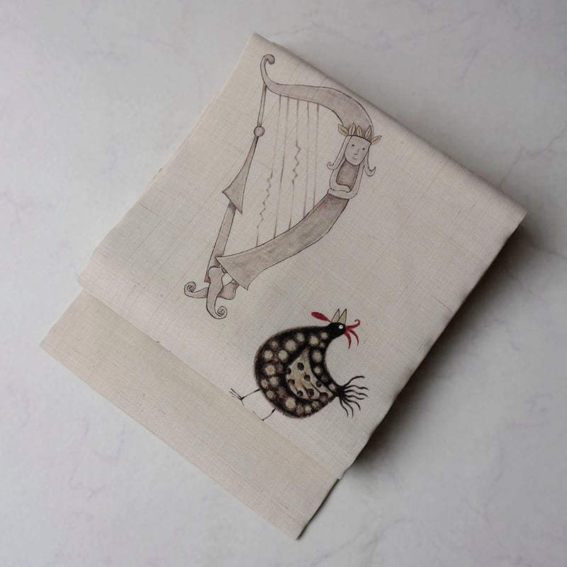 なごや帯】紬地 竪琴と鶏の染めなごや帯 | 大山キモノ・ちぇらうなぼるた 