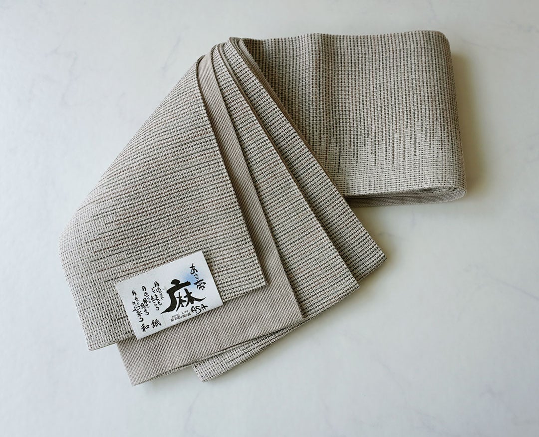 半幅帯】カーキベージュ系 横段縞柄 麻半幅帯 No.250314-61