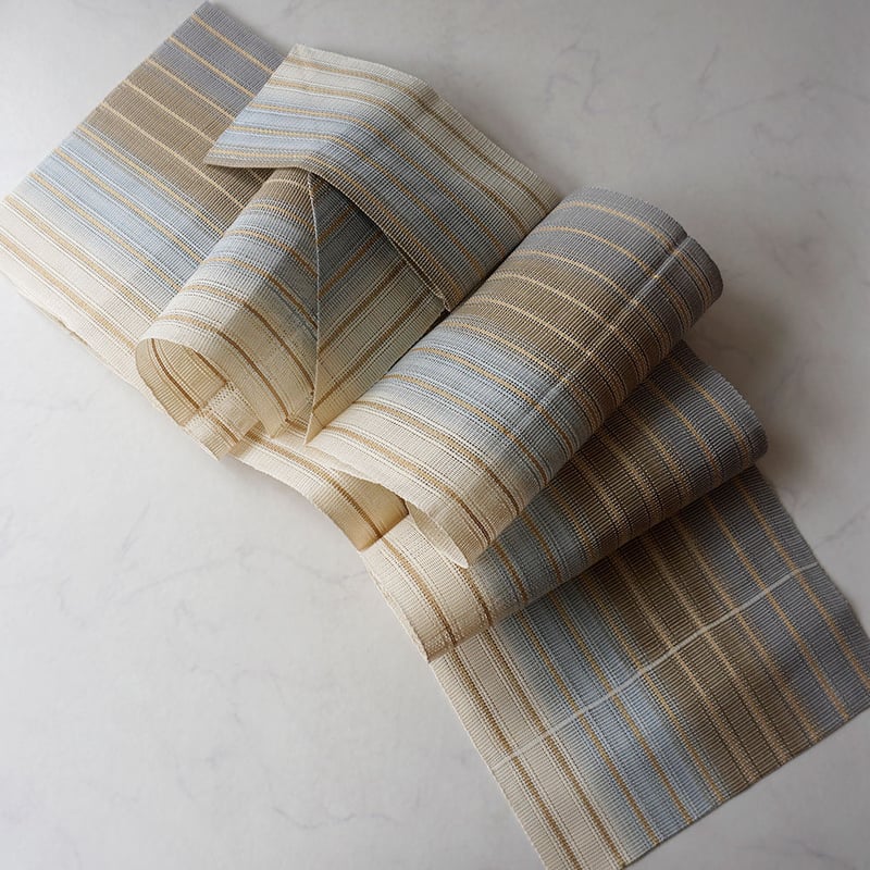 夏の麻『名古屋帯』源氏車□生成り色×濃藍色◇正絹着物◇NA8-23  