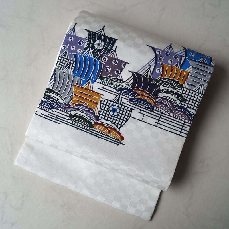 帆船にカモメ 日本刺繍 繻子地アンティークなごや帯 i66 ぬる
