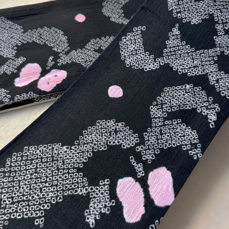 【半幅帯】黒色×白色　抽象文　手絞り半幅帯　240821⑯