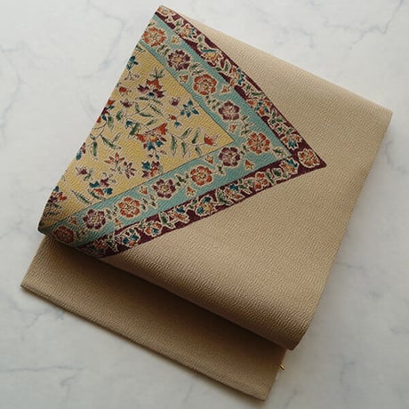 【なごや帯】縮緬地　三角更紗文　なごや帯