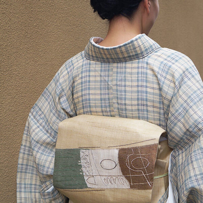 夏・麻】トール＆ゆとりサイズ 淡い豆がら茶色系 格子柄 小千谷