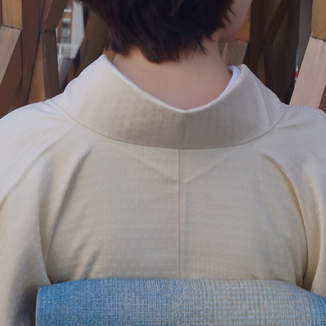 【袷】クリームイエロー系　変わり格子地紋　お召し