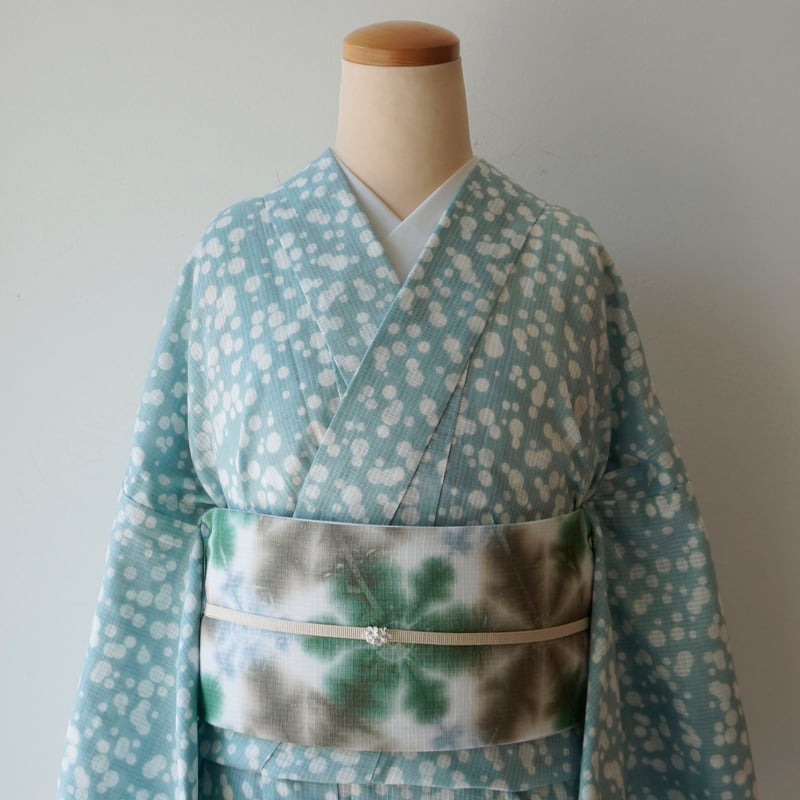 浴衣】小千谷織物 綿麻紅梅 越後型染浴衣 白群色水玉文 | 大山 浴衣】小千谷織物 綿麻紅梅 越後型染浴衣 白群色水玉文 | 大山