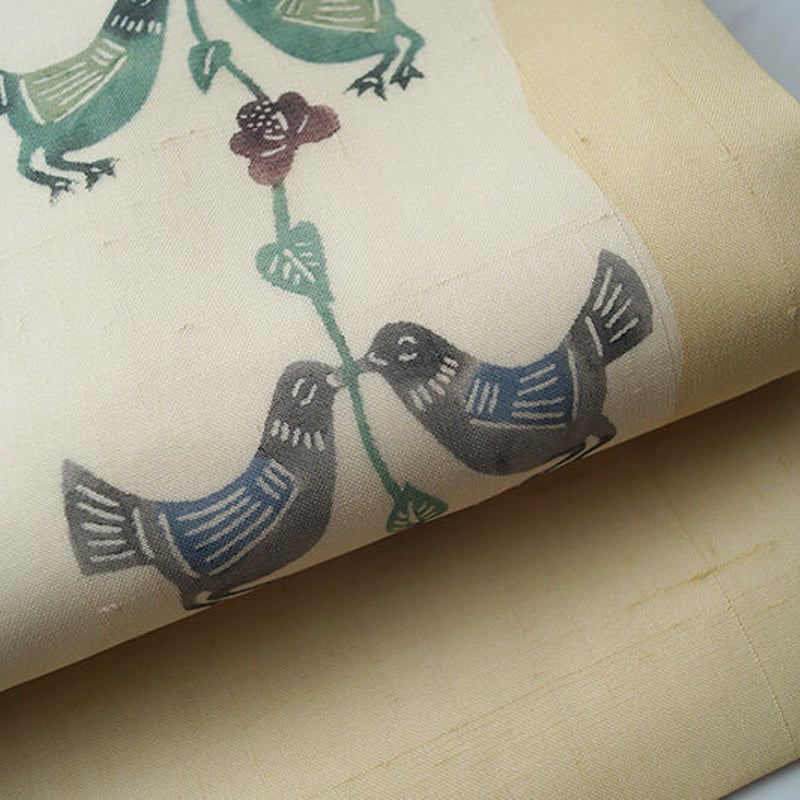夏用名古屋帯型染　紗紬鳩柄砥の粉色　382cm 夏・なごや帯】作家物 鳥の型染 紗紬なごや帯 | 大山キモノ・ち