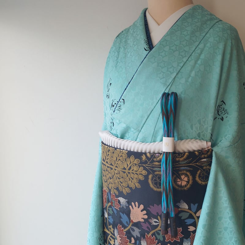 ふくろ帯】岡重謹製 黒地 更紗文 ふくろ帯 | 大山キモノ・ちぇらうなぼるた 