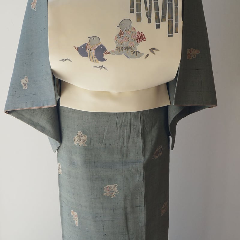 美品 しょうざん生紬袷裄丈66cm カーキ色 褪せた緑色 黄土色