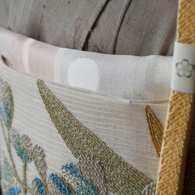 夏ふくろ帯】白地 菖蒲と萩文刺繍 夏ふくろ帯 ますいわ屋扱い